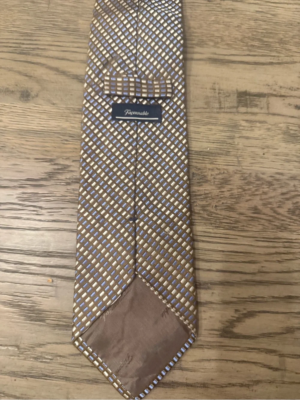 Faconnable Brown Tie with Blue and Cream Grid Pattern